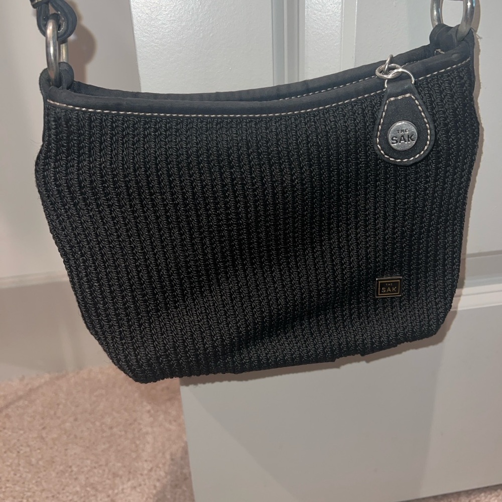 The Sak Black Knit Shoulder Bag with Silver Accents